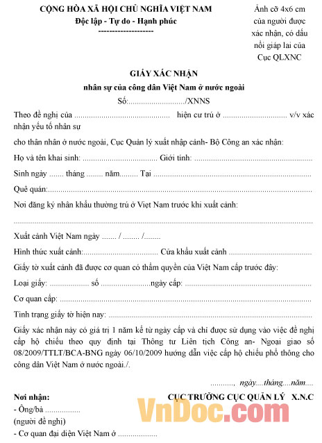 Mẫu giấy xác nhận nhân sự của công dân Việt Nam ở nước ngoài