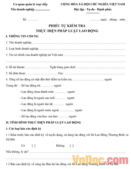 Mẫu phiếu kiểm tra thực hiện luật lao động