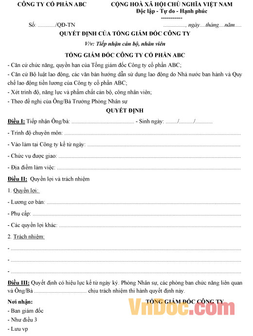 Mẫu quyết định về việc tiếp nhận cán bộ, nhân viên của Tổng Giám đốc