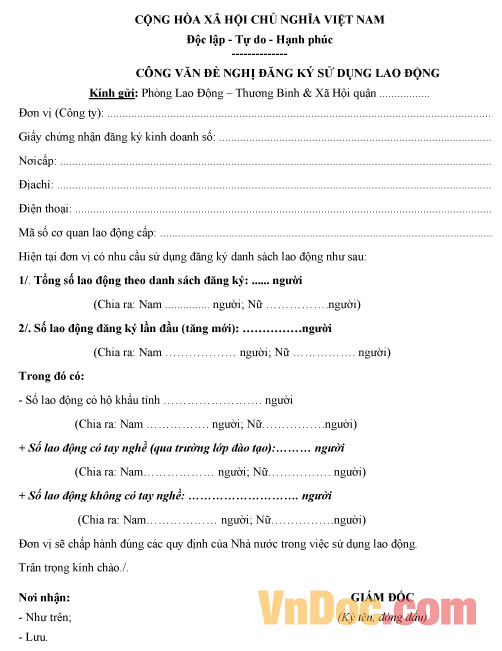 Mẫu công văn đề nghị đăng ký sử dụng lao động