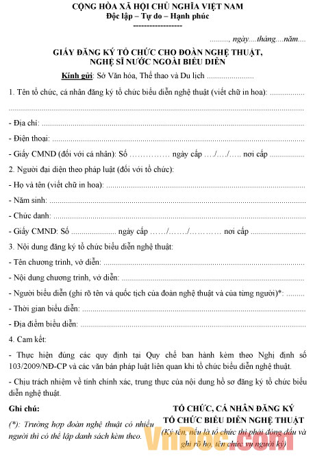Mẫu giấy đăng ký tổ chức cho đoàn nghệ thuật nước ngoài biểu diễn