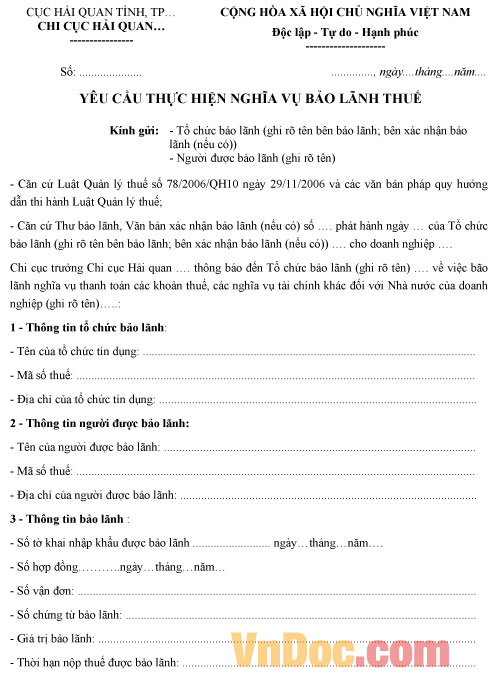 Mẫu công văn yêu cầu thực hiện nghĩa vụ bảo lãnh thuế