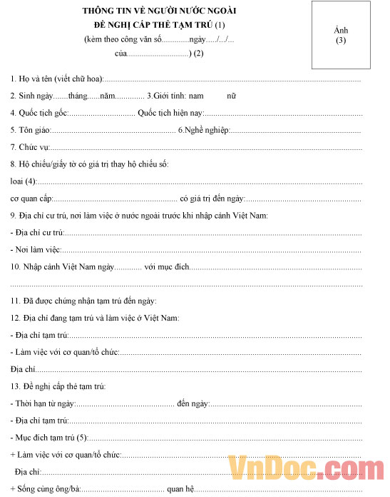 Mẫu thông tin người nước ngoài xin thường trú