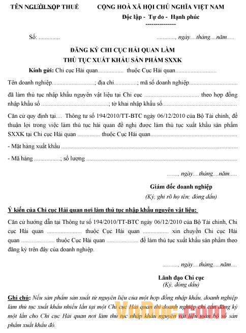 Mẫu đăng ký chi cục hải quan làm thủ tục xuất khẩu sản phẩm