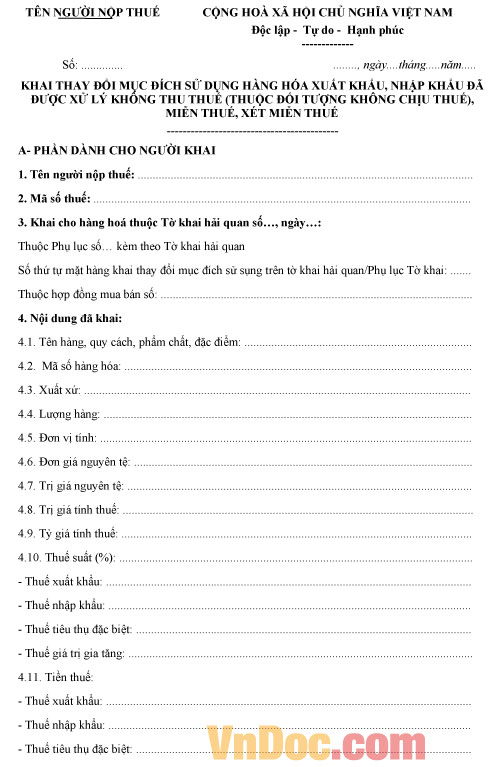 Tờ khai thay đổi mục đích sử dụng hàng hoá xuất nhập khẩu Mẫu tờ khai thay đổi mục đích sử dụng hàng hoá xuất nhập khẩu