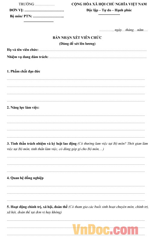 Mẫu bản nhận xét viên chức - Dùng để xét lên lương