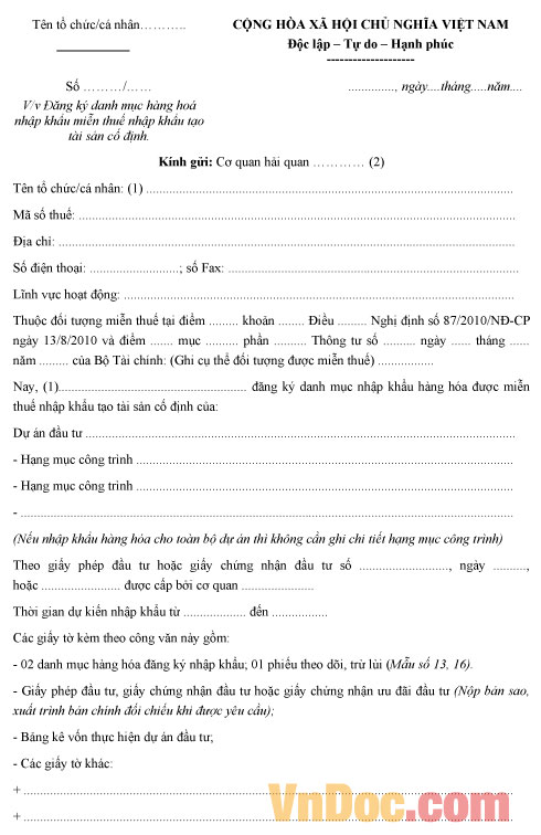 Mẫu công văn đăng ký danh mục miễn thuế nhập khẩu