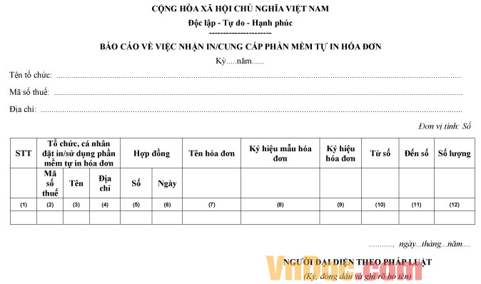 Mẫu báo cáo về việc nhận in, cung cấp phần mềm tự in hóa đơn