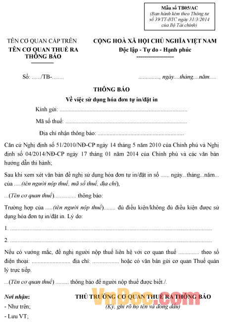 Mẫu thông báo về việc sử dụng hóa đơn tự in, đặt in Mẫu số TB05/AC: Thông báo về việc sử dụng hóa đơn tự in, đặt in