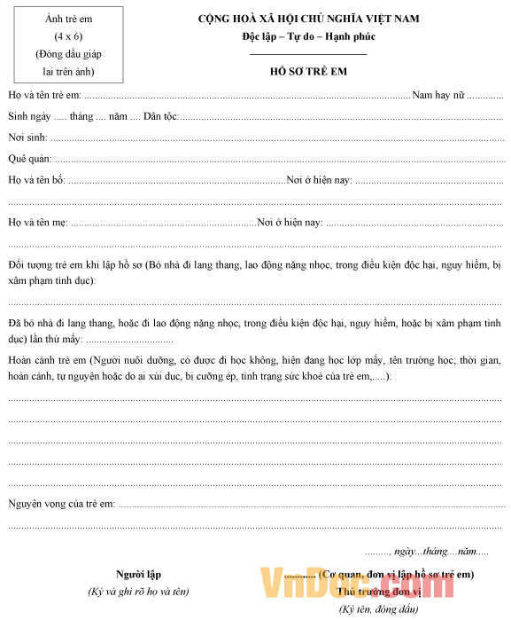 Mẫu hồ sơ trẻ em