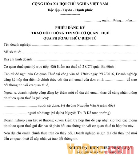 Mẫu phiếu đăng ký trao đổi thông tin với cơ quan thuế qua phương thức điện tử