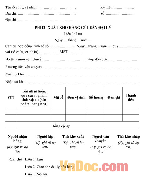 Phiếu xuất kho hàng gửi bán đại lý Mẫu phiếu xuất kho hàng gửi bán đại lý