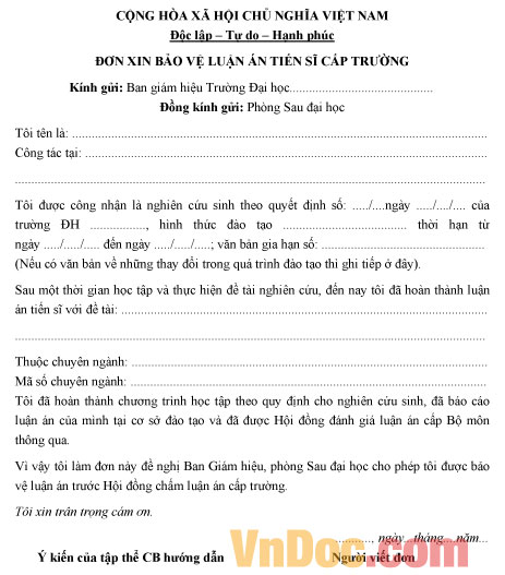 Mẫu đơn xin bảo vệ luận án tiến sĩ cấp trường