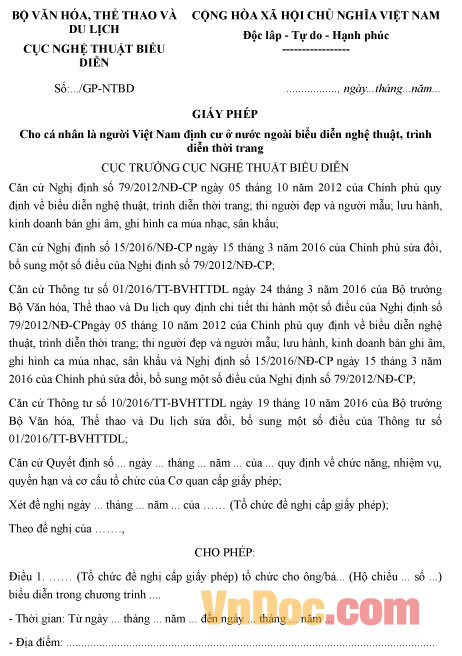 Mẫu giấy phép cho cá nhân là người Việt Nam định cư ở nước ngoài biểu diễn nghệ thuật