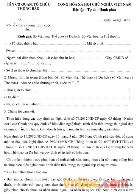 Thông báo tổ chức chương trình biểu diễn nghệ thuật Mẫu thông báo tổ chức chương trình biểu diễn nghệ thuật