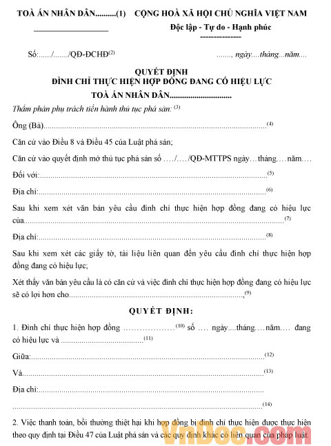 Mẫu quyết định đình chỉ thực hiện hợp đồng đang có hiệu lực