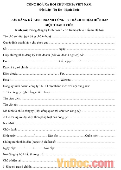 Mẫu đơn đăng ký kinh doanh công ty trách nhiệm hữu hạn một thành viên