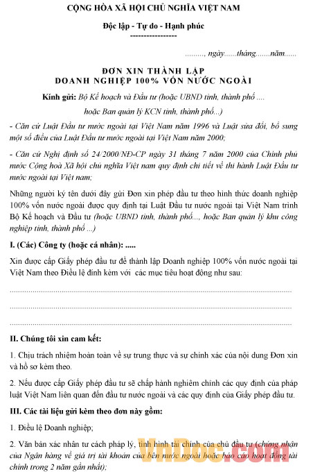 Mẫu đơn xin thành lập doanh nghiệp 100% vốn nước ngoài