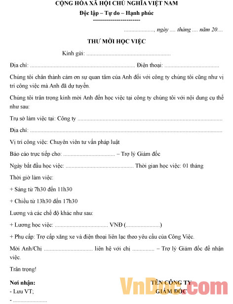 Thư mời học việc Mẫu thư mời học việc