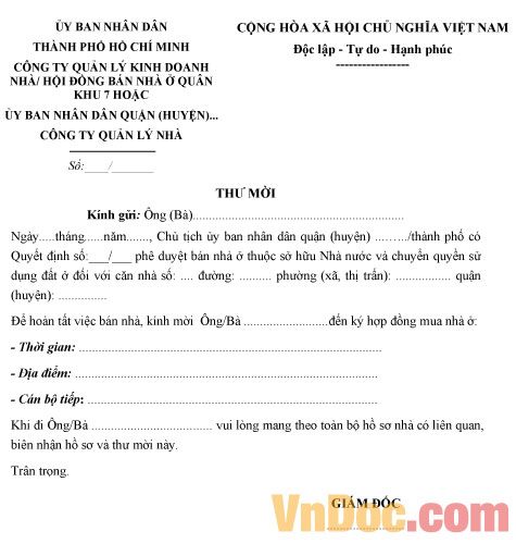 Thư mời của Ủy ban nhân dân về việc hoàn tất việc bán nhà Mẫu thư mời của Ủy ban nhân dân về việc hoàn tất việc bán nhà