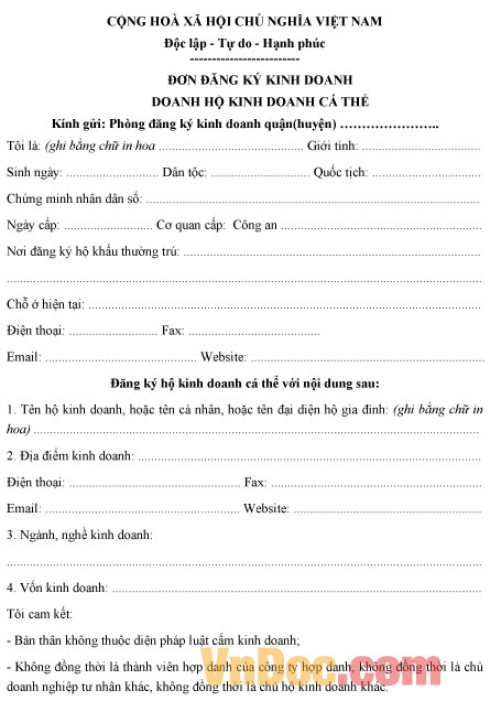 Mẫu giấy đề nghị thành lập hộ kinh doanh cá thể