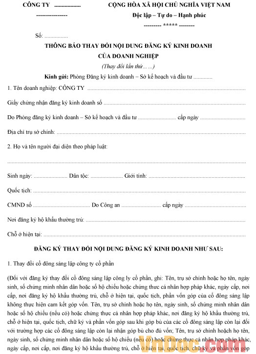 Mẫu thông báo thay đổi cổ đông sáng lập Công ty cổ phần