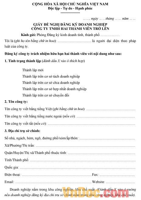 Mẫu giấy đề nghị thành lập công ty TNHH hai thành viên trở lên