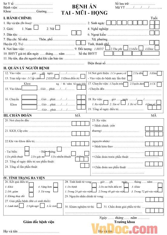 Mẫu bệnh án tai mũi họng