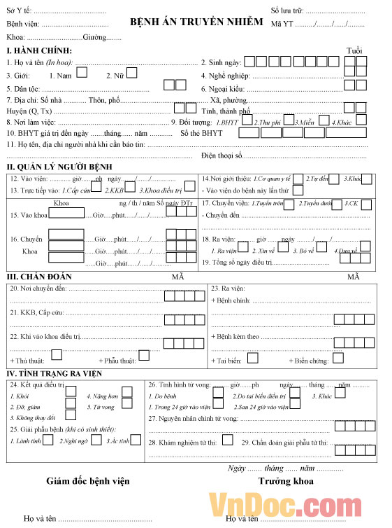 Bệnh án truyền nhiễm Mẫu bệnh án truyền nhiễm