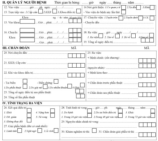 Mẫu bệnh án bỏng