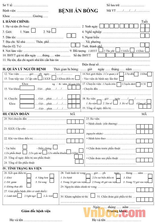 Mẫu bệnh án bỏng