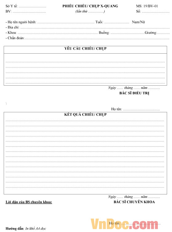 Mẫu phiếu chiếu, chụp X quang