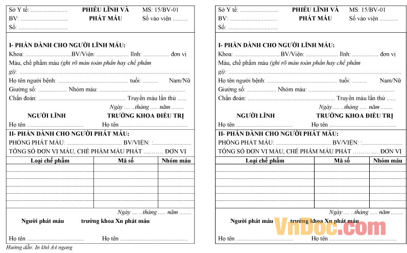 Mẫu phiếu lĩnh và phát máu