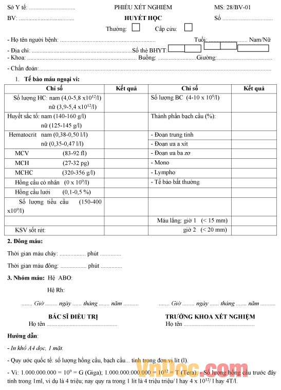 Mẫu phiếu xét nghiệm huyết học