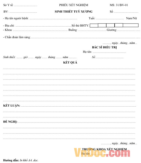 Phiếu xét nghiệm sinh thiết tủy xương Mẫu phiếu xét nghiệm sinh thiết tủy xương