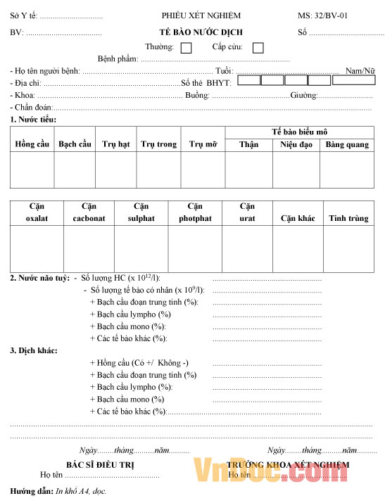 Mẫu phiếu xét nghiệm tế bào nước dịch