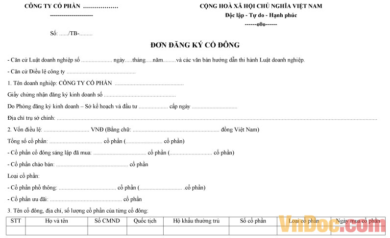 Mẫu đơn đăng ký cổ đông