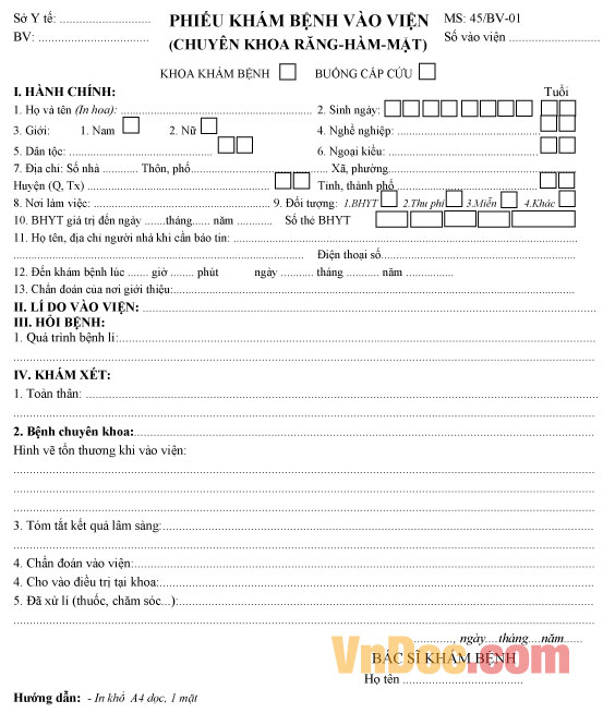 Mẫu phiếu khám bệnh vào viện chuyên khoa răng hàm mặt