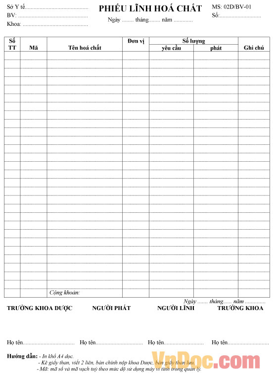 Mẫu phiếu lĩnh hóa chất