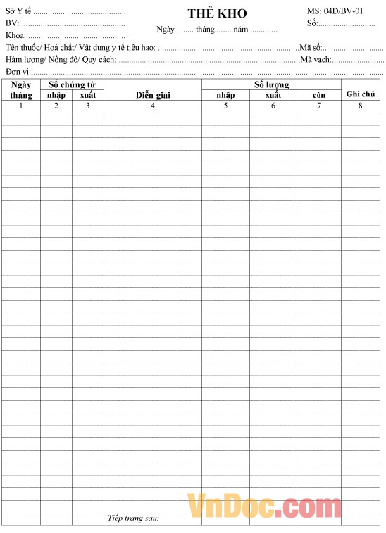 Mẫu thẻ kho y tế