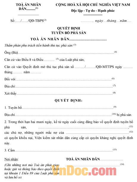 Mẫu quyết định tuyên bố phá sản