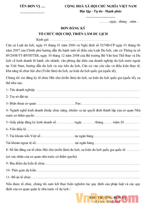 Mẫu đơn đăng ký tổ chức hội chợ, triển lãm du lịch