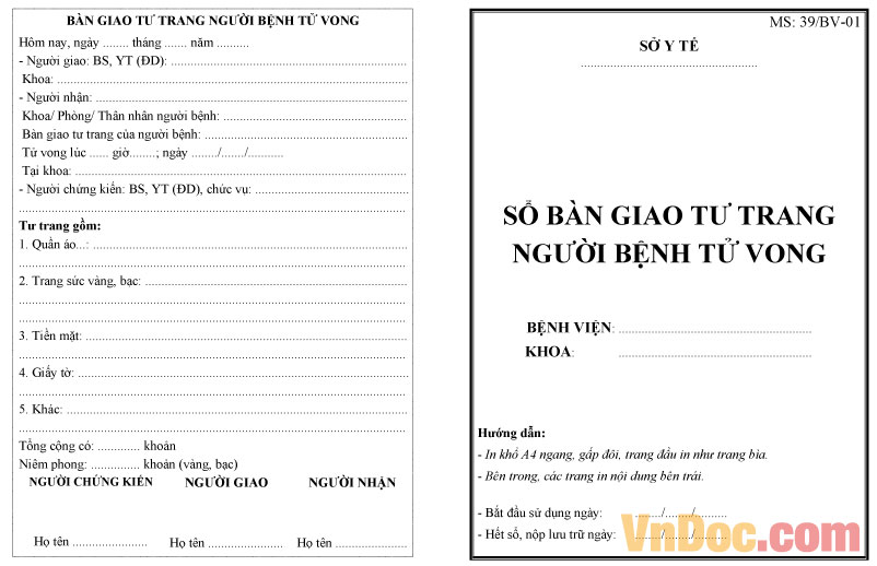 Mẫu sổ bàn giao tư trang người bệnh tử vong