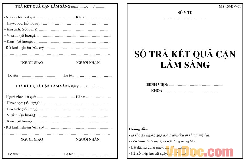 Mẫu sổ trả kết quả cận lâm sàng