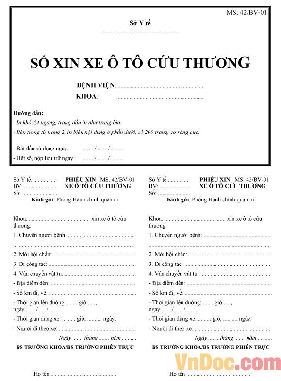 Mẫu sổ xin xe ô tô cứu thương