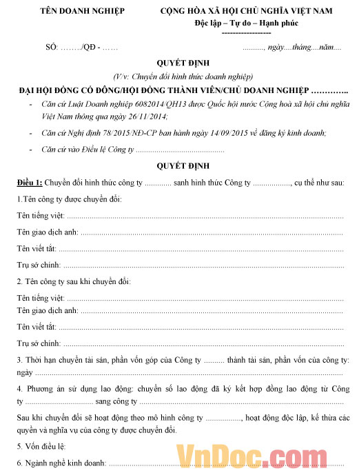 Quyết định chuyển đổi doanh nghiệp Mẫu quyết định chuyển đổi doanh nghiệp