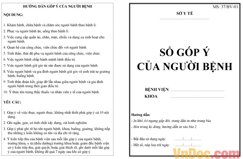 Mẫu sổ góp ý của người bệnh