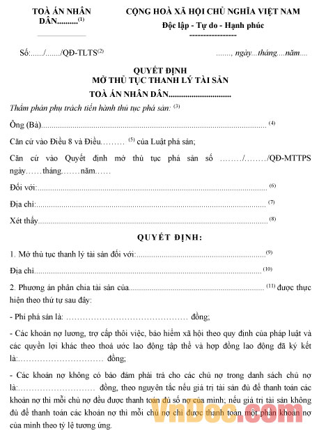 Quyết định mở thủ tục thanh lý tài sản Mẫu quyết định mở thủ tục thanh lý tài sản