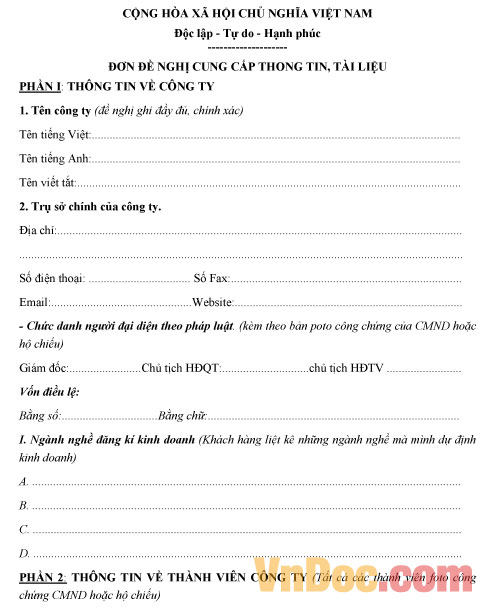 Mẫu thông tin thành lập doanh nghiệp
