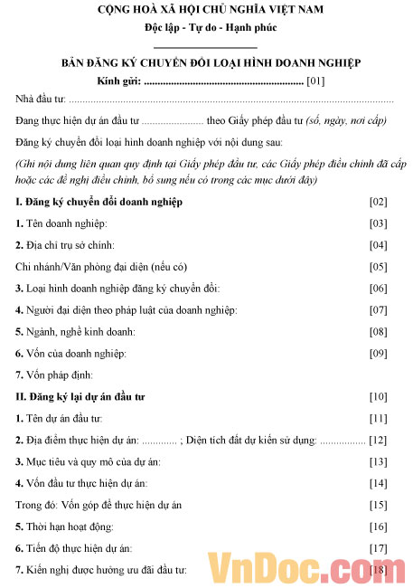 Mẫu bản đăng ký chuyển đổi loại hình doanh nghiệp